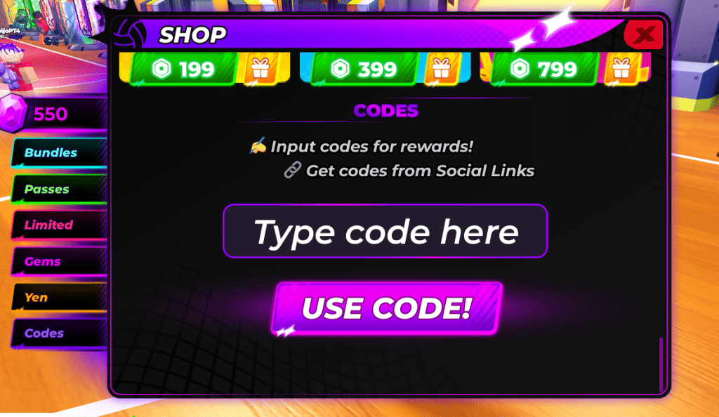 Volleyball Legends Codes redeem menu